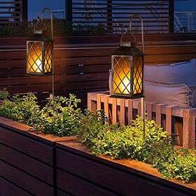 Hy1203 2pack Solar Metal Hanging Lantern With Shepherd Hook Outdoor Led Flickering Flameless Candle Antique