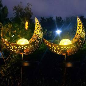 Aubasic 313025049085 Solar Powered Garden Lights 2 Pack Antique Brass Hollow-carved Metal Moon With