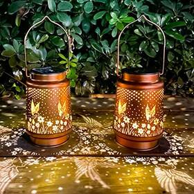 Md-double-02 Dibieecn 2 Pack Hummingbird Solar Lantern Lights Outdoor Decor Hanging Metal Decorati