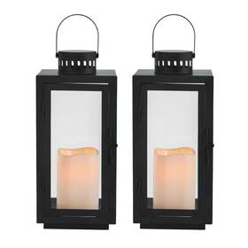Elements 313021068004 Set Of 2 Black Rectangular Metal Lanterns 3 Inch X 4 Led Pillars Included