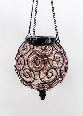 Exhart 093335131693 Solar Round Hanging Lantern Amber Glass Metal Led Outdoor Garden Light