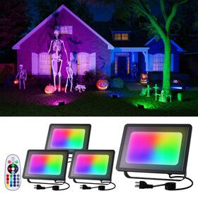 Wg0504-wrgb Falove 4 Pack 50w Halloween Color Change Floodlights With Remote Warm White Waterpro