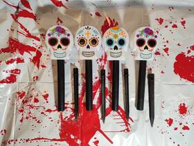 Green Brier International 195464185056 Halloween Solar Pathway Stake Lights Skull Day Of The Dead Floral 4 Pack