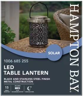 Hampton Bay 313053519598 New In Box - 15 Lumens Led Medium Metal Outdoor Solar Table Lantern