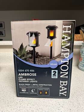 91999 Hampton Bay Ambrose Solar 6 Lumens Black Led Flicker Flame Path Light 2-pack