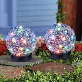 74379 Hdfl 2-pc Solar Ball Led Colorful Lights Crackle Glass Globe Garden Stake Yard Decor