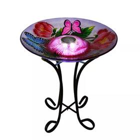 Hi-line Gift Ltd. 445005650608 18 Inch Solar Butterflies And Peonies Led Floral Glass Bird Bath With Stand