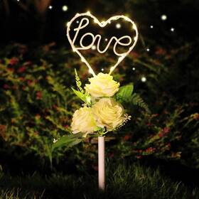 Joyathome 694026800500 16 Inch Solar Heart Garden Stake Lights With 3 Artificial Flowers Metal Garde