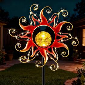 Tyd-red-01 Kacux Solar Lights Outdoor Waterproof Red Sun Metal Crackle Glass Stake Decorative For