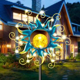 Tyd01 Kacux Solar Lights Outdoor Garden Decor Blue Metal Sun Crackle Glass Globe Stake W