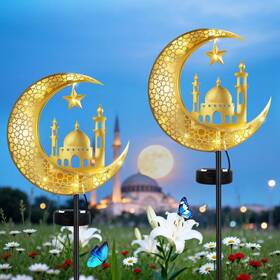P732133593141 Lewondr 2pcs Ramadan Solar Lights Decorations Outdoor Metal Gold