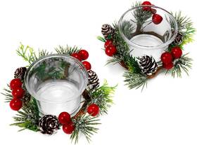 Oyaton 799355998512 Christmas Votive Candle Holders With Snowy Pinecone Berry Red Green