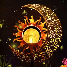 Razutec 782932428083 Garden Solar Lights Outdoor Decorative Sun And Moon Crackle Glass Globe Metal