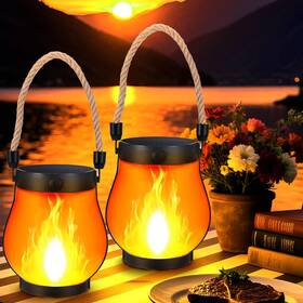 Sanmoon 610428483134 2 Pack Solar Flame Lantern Lights Inch Flickering Hanging Lanterns Outdo