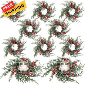 T-cf-003 Serlvan 10 Pcs Christmas Candle Rings Wreath Artificial With Red Green