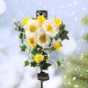 Starryfill 694026799446 Solar Cross Lights With Three Flowers Metal Stake Led Warm White