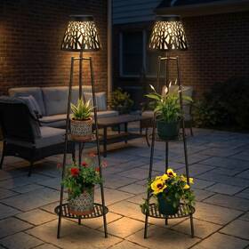 Vf-005a Visflair 2 Pack Solar Floor Lamps Outdoor With 2-tier Plant Stand Metal Tall Planter