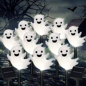 Vogvog 767552834711 Solar Halloween Ghost Pathway Lights 10 Pack 3d Lighted Outdoor Stake Decora