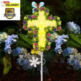 2024-xrk-2p Yjfwal 1 Pack Solar Flowers Cross Garden Stake Lights Yard Cemeter