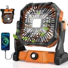 Rechargeable Orange Electric Fan With Power Bank Led Lights Adjustable Speed. Fixed Price $39.49.