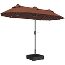 Outsunny Double-sided Patio Umbrella With Solar Lights, Base, Tilt, Coffee. Fixed Price $130.00.