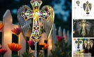 Unique, Solar Glass Cross Stake Lights With Angel Wings, Outdoor Stained. Fixed Price $47.45.