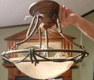 Bronze Pendant Ceiling Fixture With Frosted Glass Bowl Shade And Rope Detail. Fixed Price $42.00.