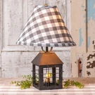 Irvins Tinware Colonial Lantern Lamp With Gray Check Shade. Fixed Price $125.95.