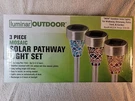 Luminar Outdoor Mosaic Solar Pathway Light Set 3 Piece 8-12 Hour Run Time. Fixed Price $19.99.
