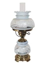Vintage Quoizel Hurricane Lamp Satin Lace Blue Frosted Gold Trim 17" - 20" Tall. Fixed Price $254.00.