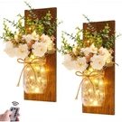 Rustic Mason Jar Wall Sconces Set Of 2 With Led Fairy Lights And Peony. Fixed Price $45.20.