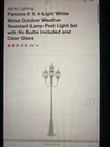 Bel Air Lighting Parsons 8FT Four White Metal Weather Resistant Lamp Post. Fixed Price $400.00.