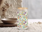 Colorful Daisy Garden Frosted Glass Can W/ Bamboo Lid 16 Oz Cup By Mugzan. Fixed Price $17.99.